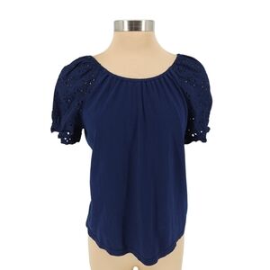 J.CREW Shirt Navy Blue Embroidered Eyelet Short Sleeve Keyhole Tie Back Top